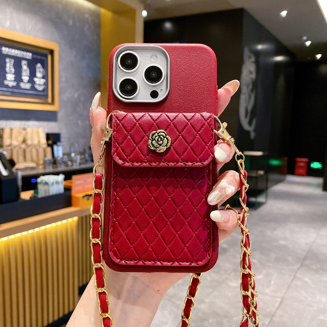 Texture Wallet With Golden Chain Silicon Phone Cases For iPhone
