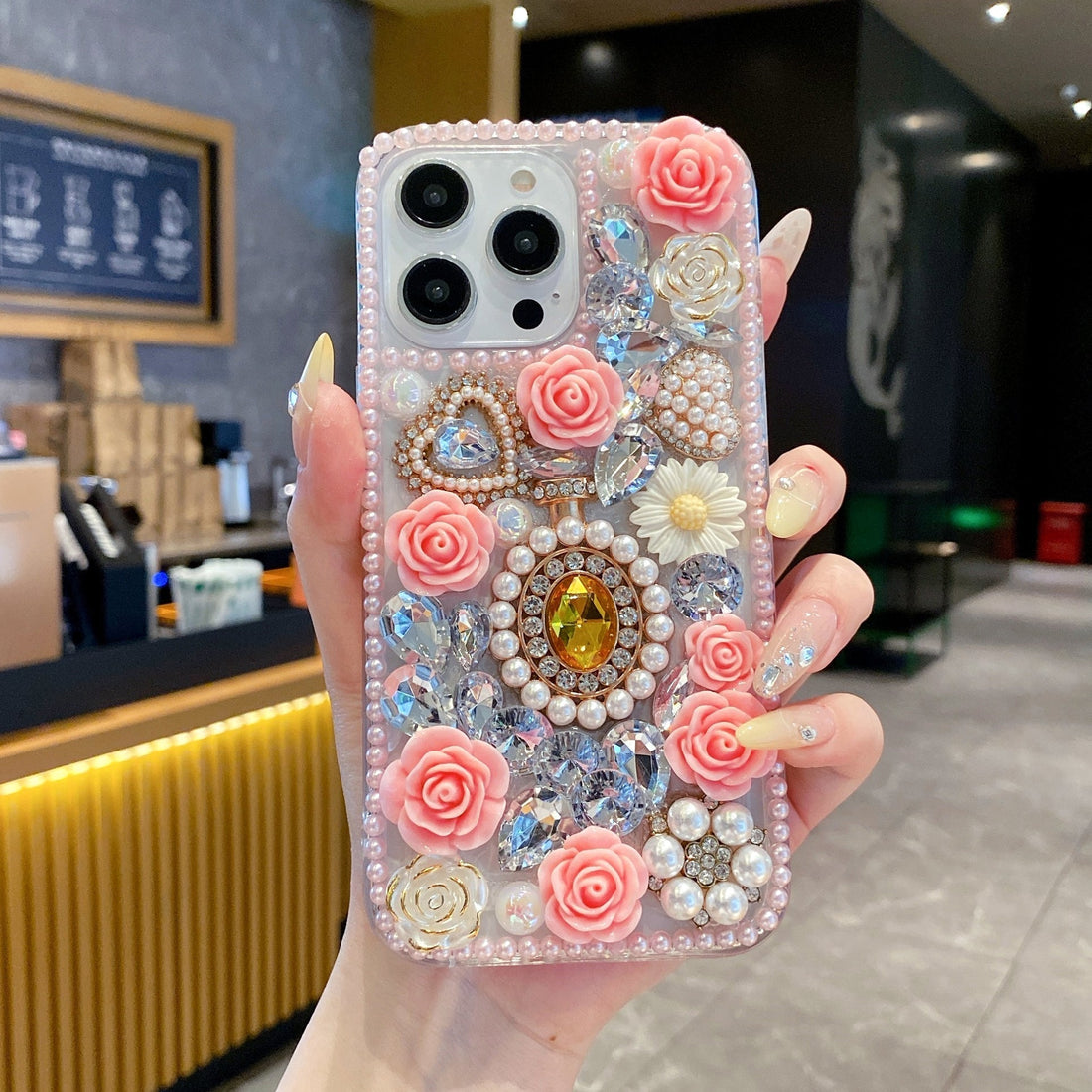 Crystal Rhinestone Pearl Love Rose Wristband Bracelet Case For iPhone