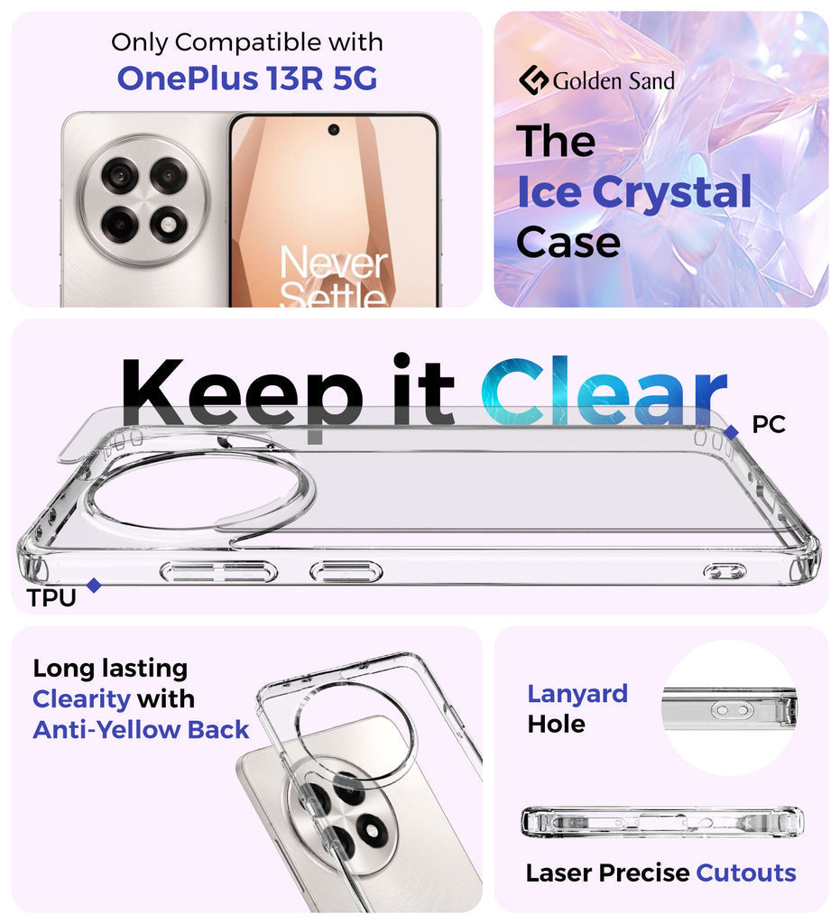 Ice Crystal Series Hybrid Transparent PC Military Grade TPU Back Cover for OnePlus 13R 5G, 6.78 inch, Crystal Clear
