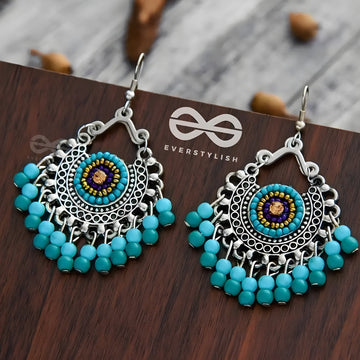 oxidised silver-plated blue jhumka earrings