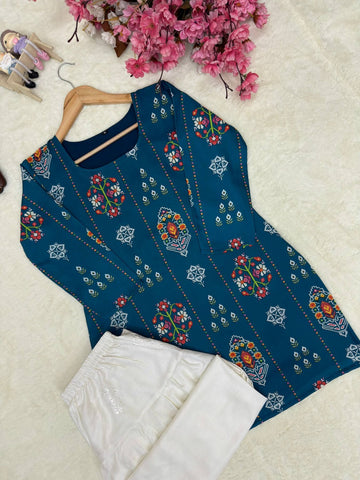 Authentic Blue Muslin Cotton Kurti with White Farshi Palazzo and Embroidery Work