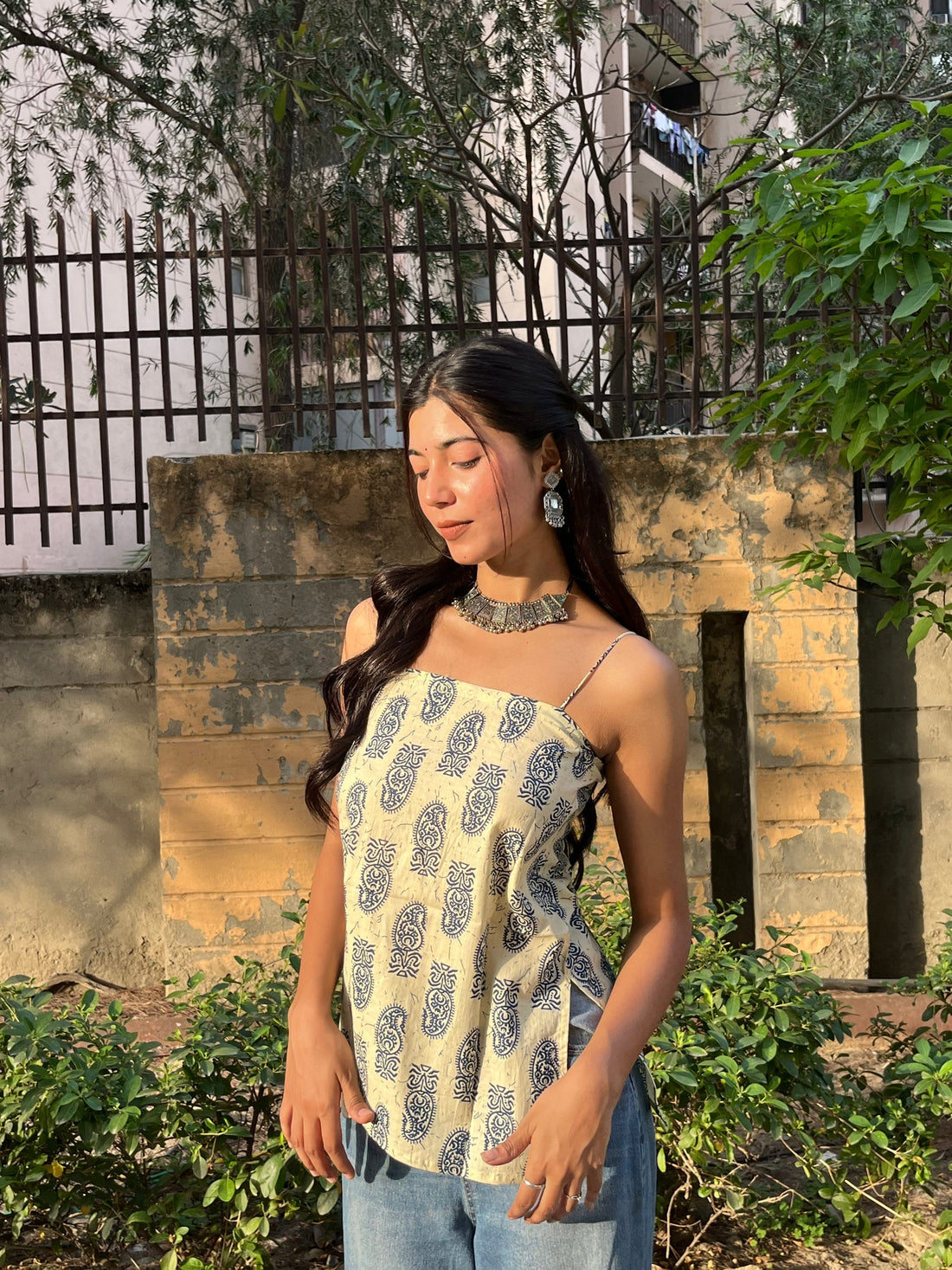 Beige Paisley Print Cotton Spaghetti Top for Women (Buy 1 Get 1 Free)