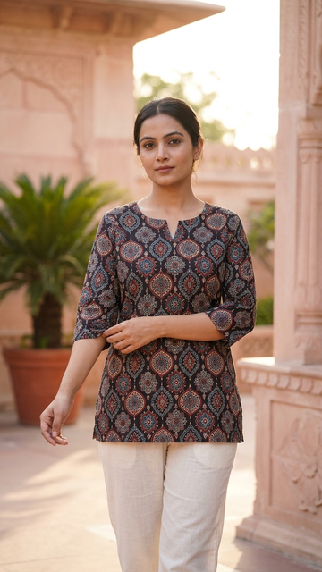 Black Ajrakh Geometric Print Cotton Short Kurti for Women (Buy 1 Get 1 Free)