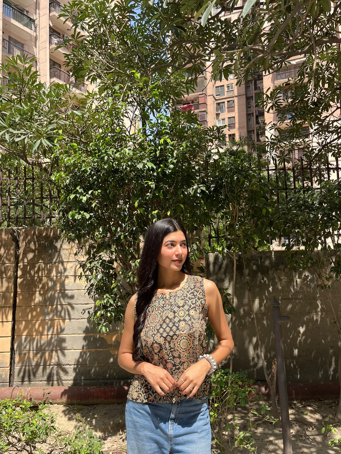 Black Ajrakh Patchwork Print Sleeveless Cotton Crop Kurti Top for Women (Buy 1 Get 1 Free)