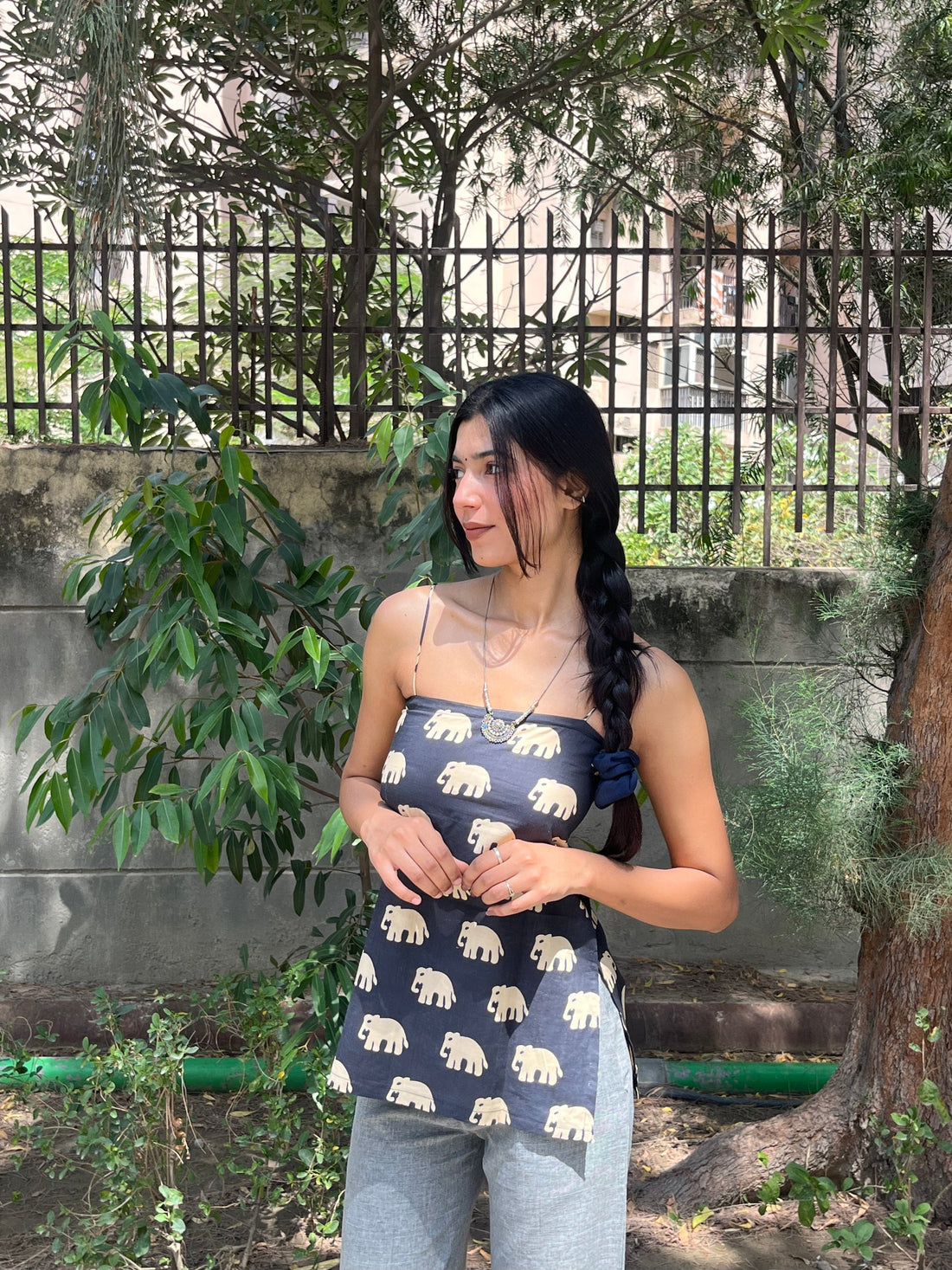 Black Elephant Print Cotton Spaghetti Top for Women (Buy 1 Get 1 Free)