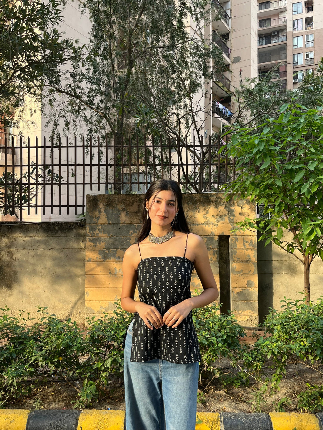 Black Minimal Block Print Cotton Spaghetti Top for Women (Buy 1 Get 1 Free)