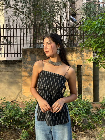 Black Minimal Block Print Cotton Spaghetti Top for Women (Buy 1 Get 1 Free)
