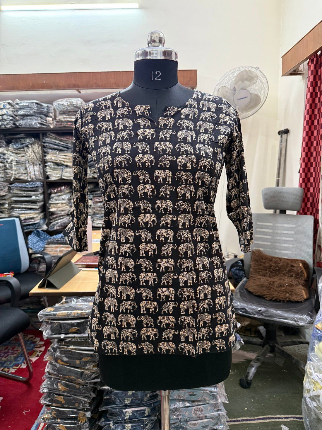 Black & Gold Elephant Block Print Cotton Short Kurti for Women (Buy 1 Get 1 Free)