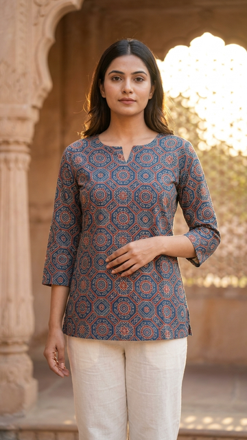 Blue Ajrakh Geometric Mandala Print Cotton Short Kurti for Women (Buy 1 Get 1 Free)