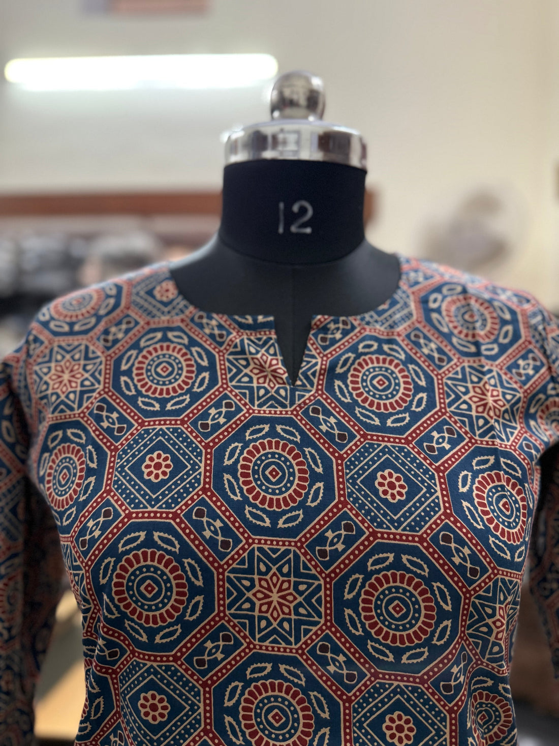 Blue Ajrakh Geometric Mandala Print Cotton Short Kurti for Women (Buy 1 Get 1 Free)