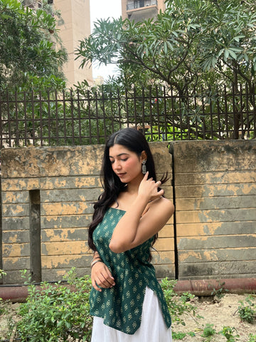 Bottle Green Block Print Cotton Spaghetti Top for Women (Buy 1 Get 1 Free)
