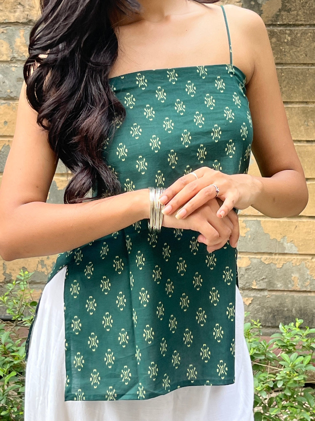 Bottle Green Block Print Cotton Spaghetti Top for Women (Buy 1 Get 1 Free)
