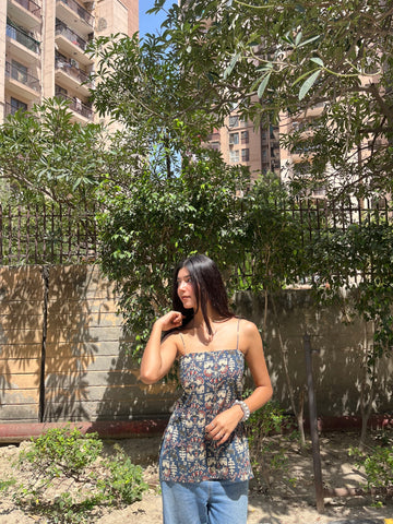 Charcoal blue Ethnic Motif Print Cotton Spaghetti Top for Women (Buy 1 Get 1 Free)