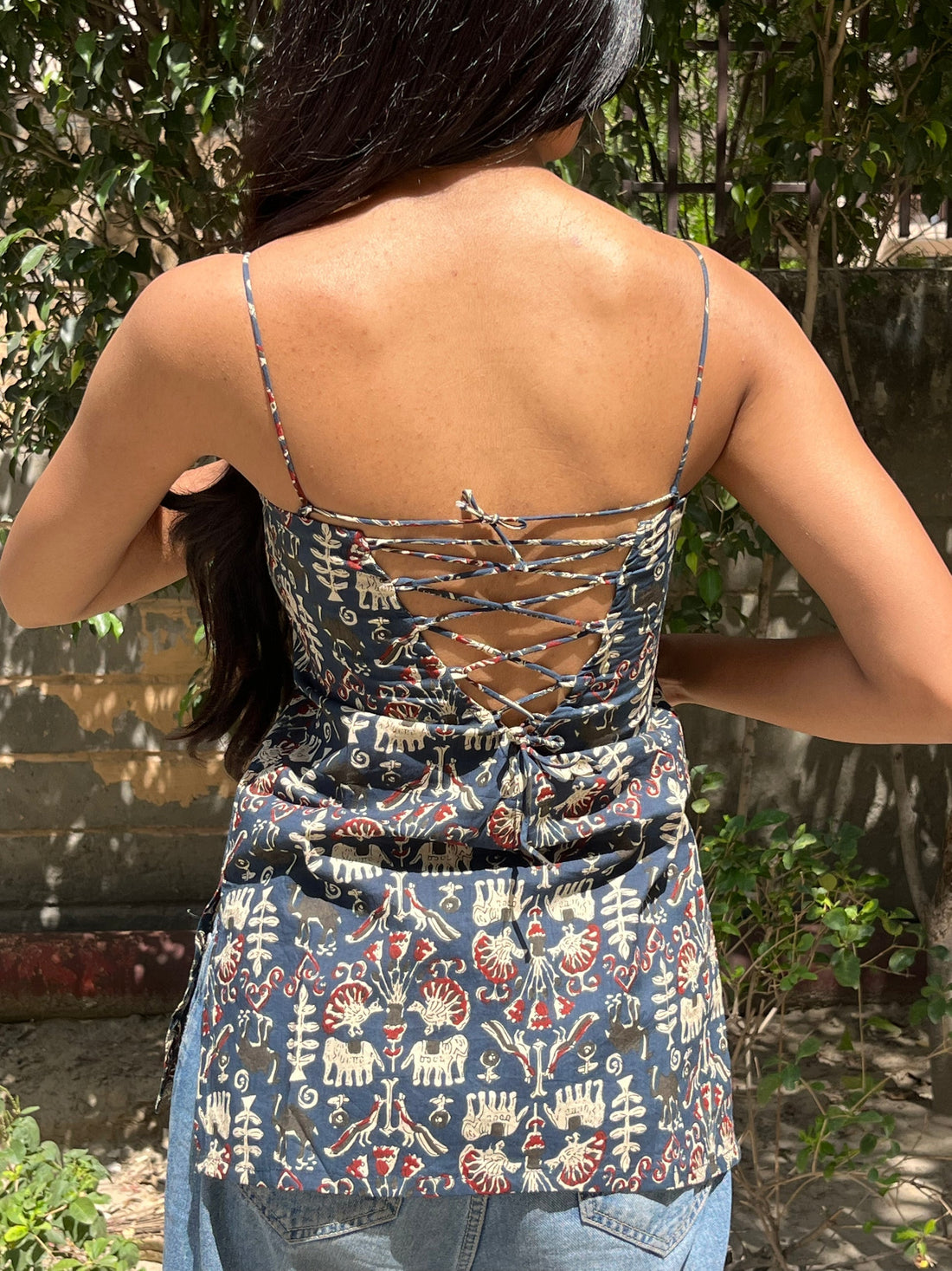 Charcoal blue Ethnic Motif Print Cotton Spaghetti Top for Women (Buy 1 Get 1 Free)