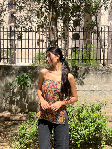 Dark Navy Blue Kalamkari Floral Print Cotton Spaghetti Top for Women (Buy 1 Get 1 Free)