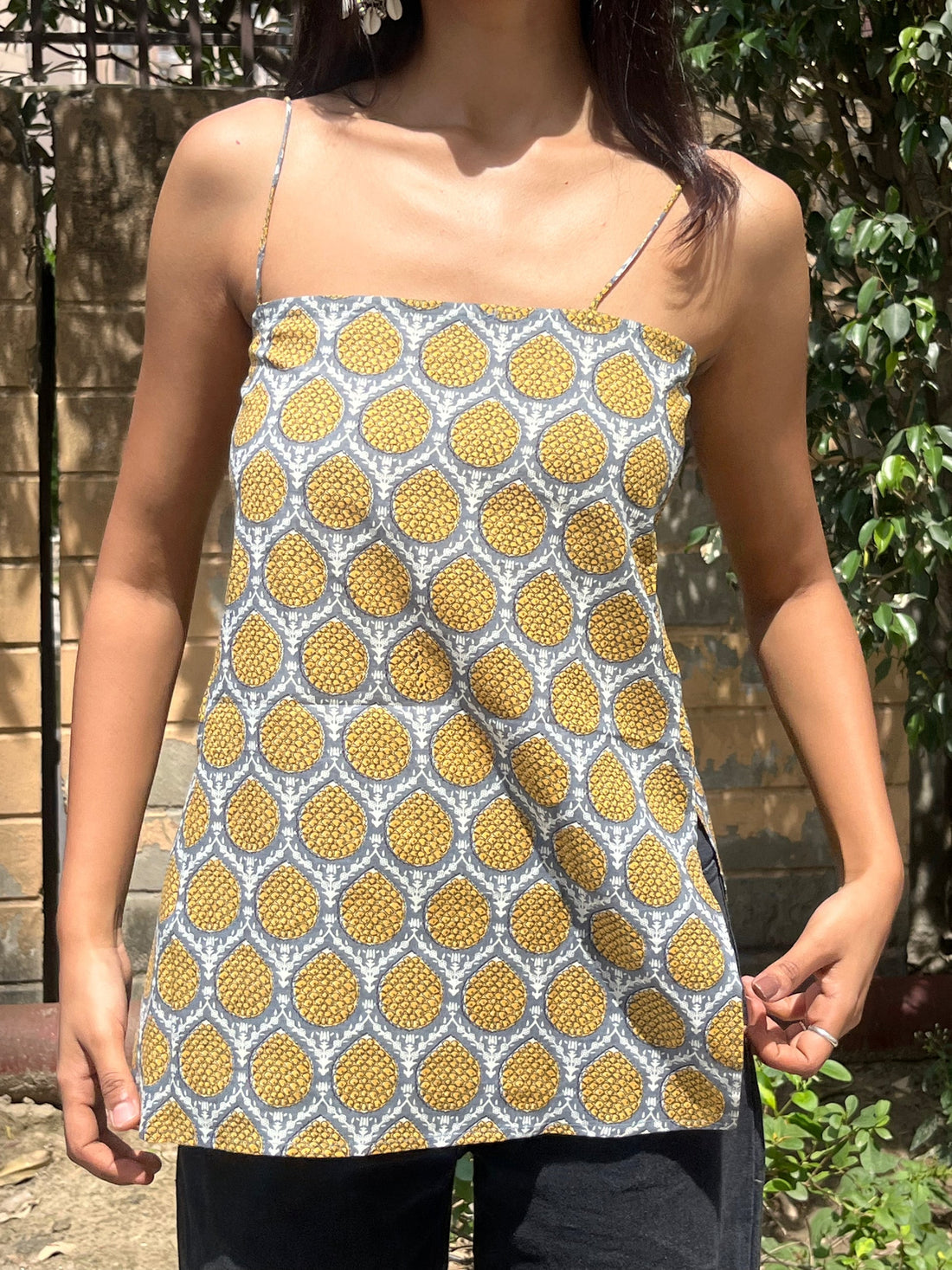 Grey Yellow Pineapple Buta Print Cotton Spaghetti Top for Women (Buy 1 Get 1 Free)