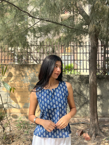 Indigo Blue Dabu Print Sleeveless Cotton Crop Kurti Top for Women (Buy 1 Get 1 Free)