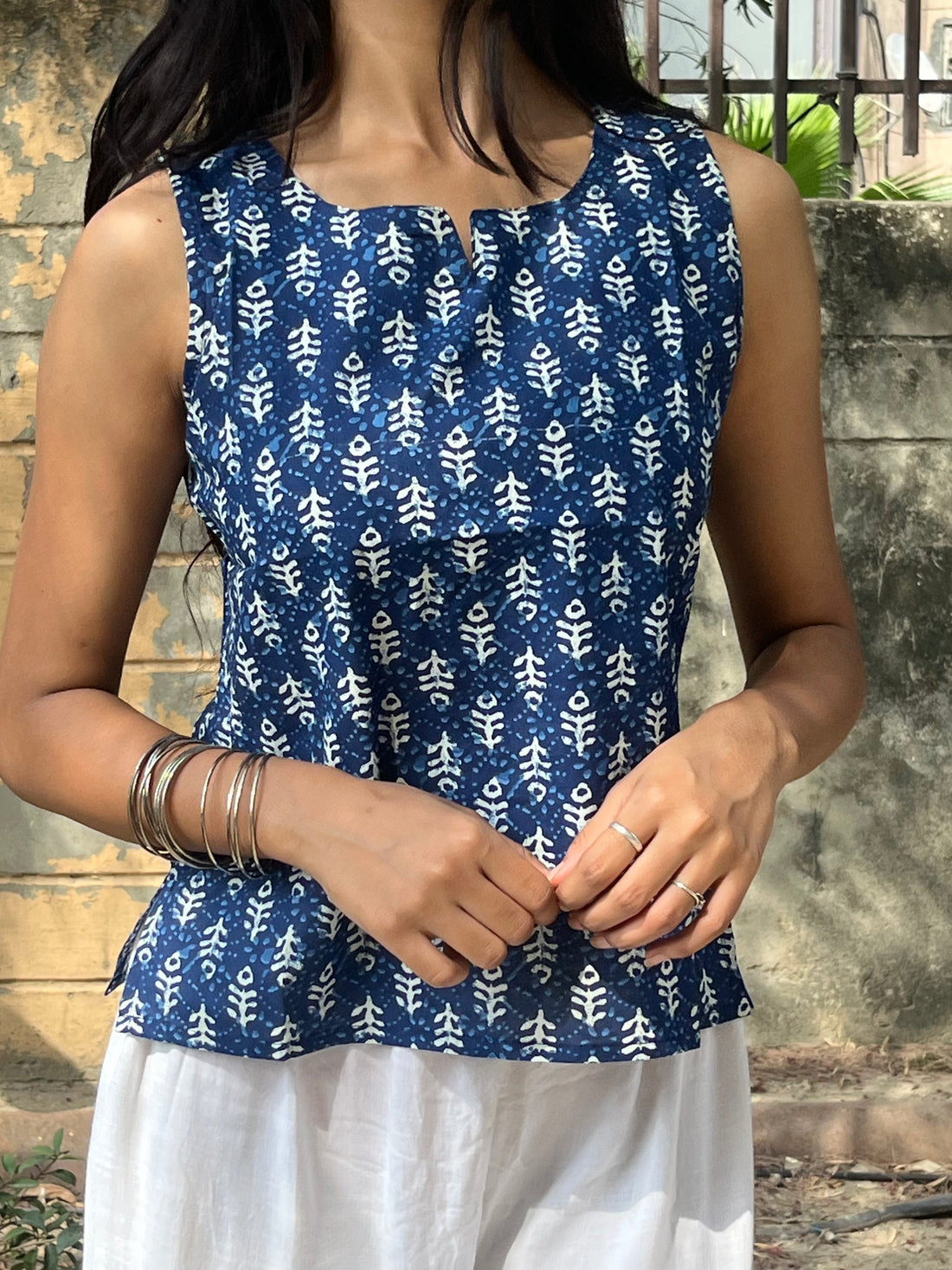 Indigo Blue Dabu Print Sleeveless Cotton Crop Kurti Top for Women (Buy 1 Get 1 Free)