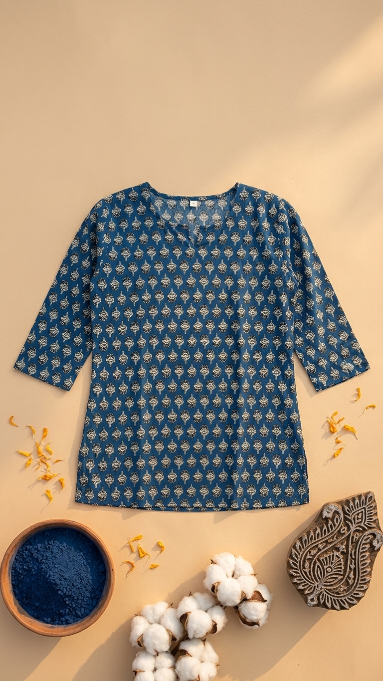 Indigo Blue Ethnic Buti Print Cotton Short Kurti for Women (Buy 1 Get 1 Free)