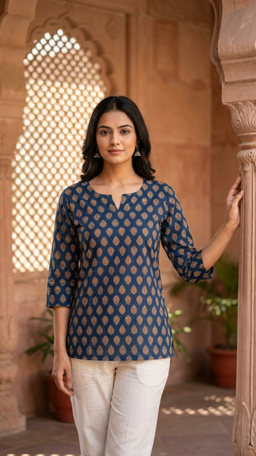 Indigo Buti Print Cotton Short Kurti for Women (Buy 1 Get 1 Free)