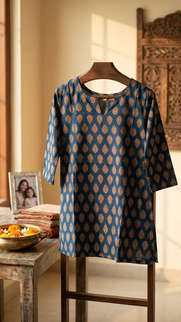 Indigo Buti Print Cotton Short Kurti for Women (Buy 1 Get 1 Free)