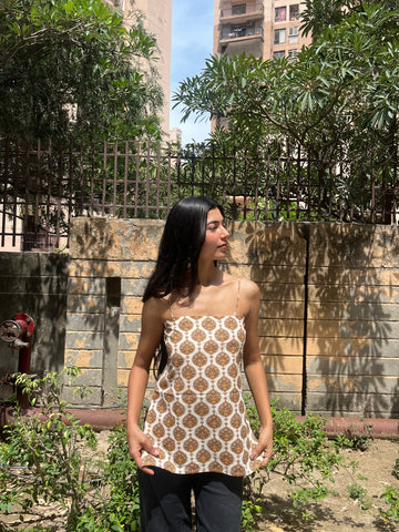 Ivory Mughal Buta Print Cotton Spaghetti Top for Women (Buy 1 Get 1 Free)