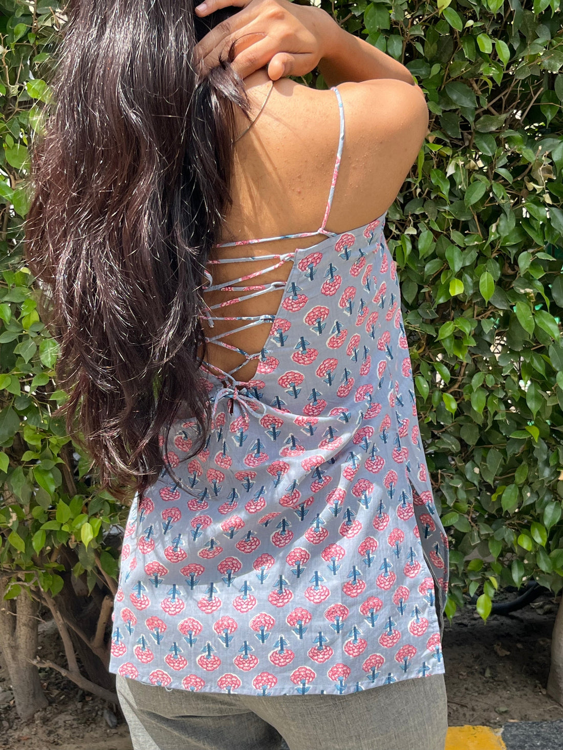 Lilac Floral Buta Print Cotton Spaghetti Top for Women (Buy 1 Get 1 Free)