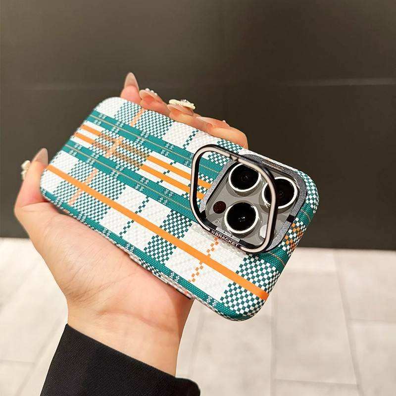 Texture Magnetic Suction Lens Bracket Phone Case for iPhone 13 14 15 16 Pro Max PC Shockproof Phone Case