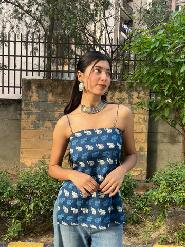Navy Blue Elephant Print Cotton Spaghetti Top for Women (Buy 1 Get 1 Free)