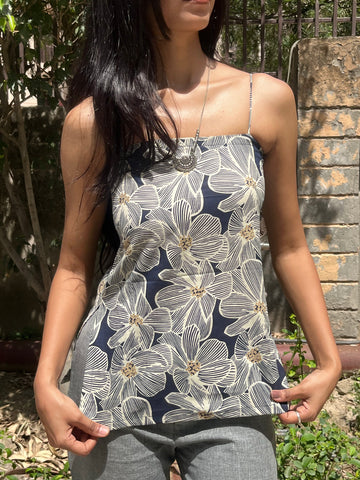 Navy Blue Floral Print Cotton Spaghetti Top for Women (Buy 1 Get 1 Free)