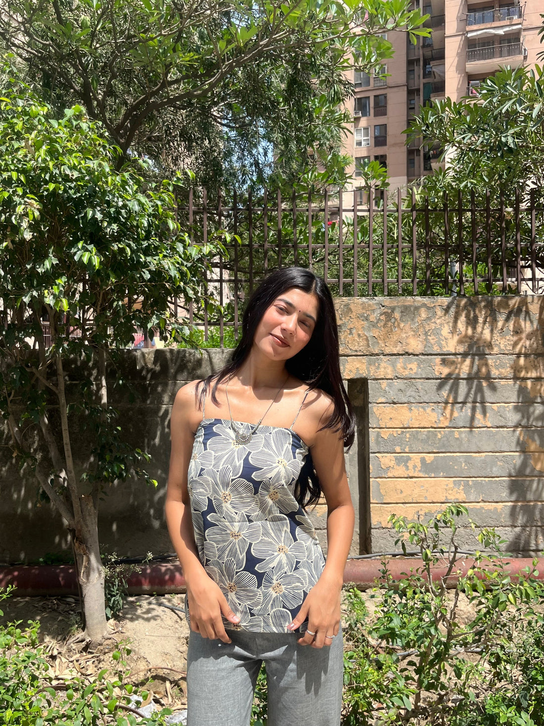 Navy Blue Floral Print Cotton Spaghetti Top for Women (Buy 1 Get 1 Free)