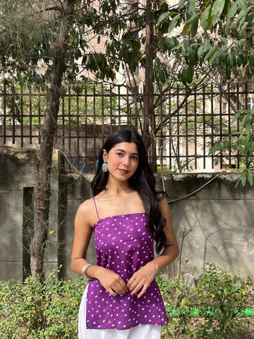 Purple Bandhani Cotton Spaghetti Top for Women (Buy 1 Get 1 Free)