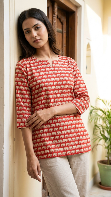 Red Elephant Block Print Cotton Short Kurti for Women (Buy 1 Get 1 Free)