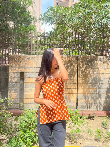Rust Orange Floral Buta Print Cotton Spaghetti Top for Women (Buy 1 Get 1 Free)