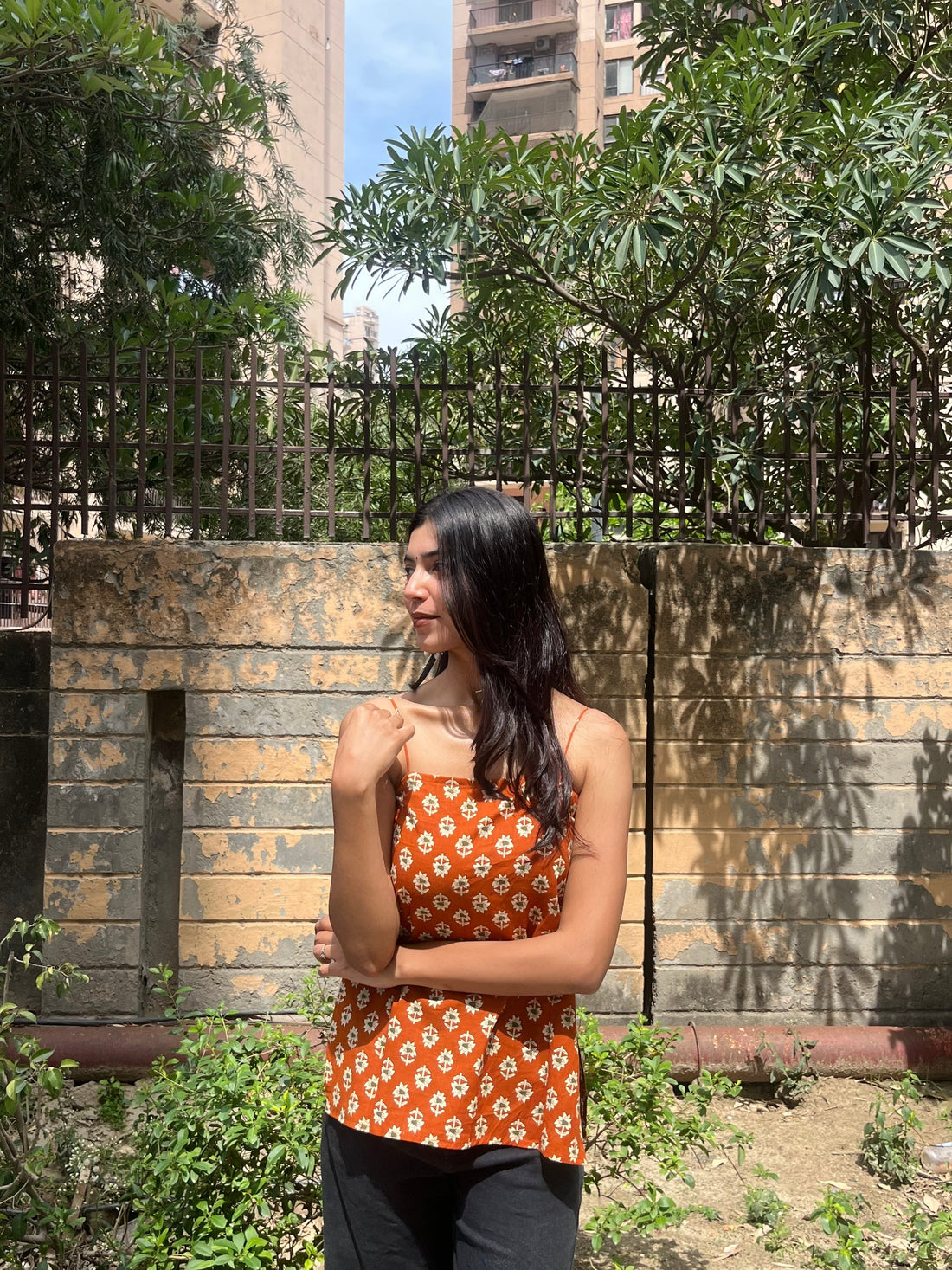 Rust Orange Floral Buta Print Cotton Spaghetti Top for Women (Buy 1 Get 1 Free)