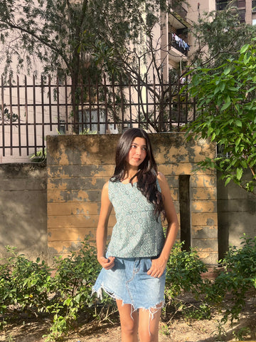 Sage Green ajrak Print Sleeveless Cotton Crop Kurti Top for Women (Buy 1 Get 1 Free)