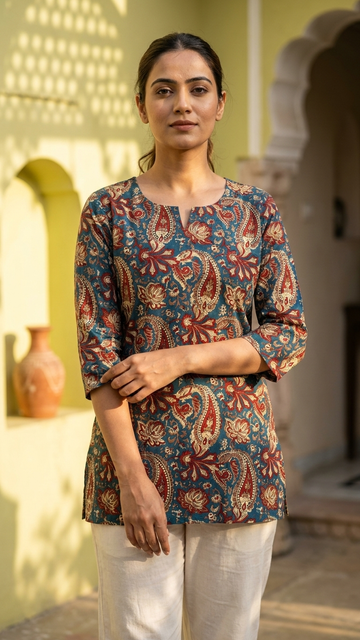 Teal Blue Kalamkari Paisley Print Cotton Short Kurti for Women (Buy 1 Get 1 Free)
