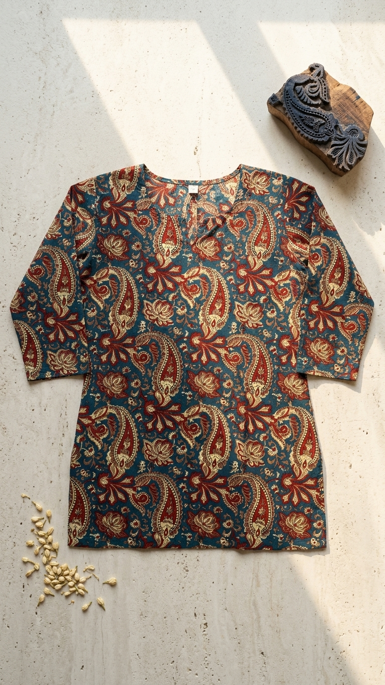 Teal Blue Kalamkari Paisley Print Cotton Short Kurti for Women (Buy 1 Get 1 Free)