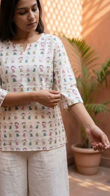 White Whimsical Hand-Block Doodle Print Cotton Short Kurti for Women (Buy 1 Get 1 Free)