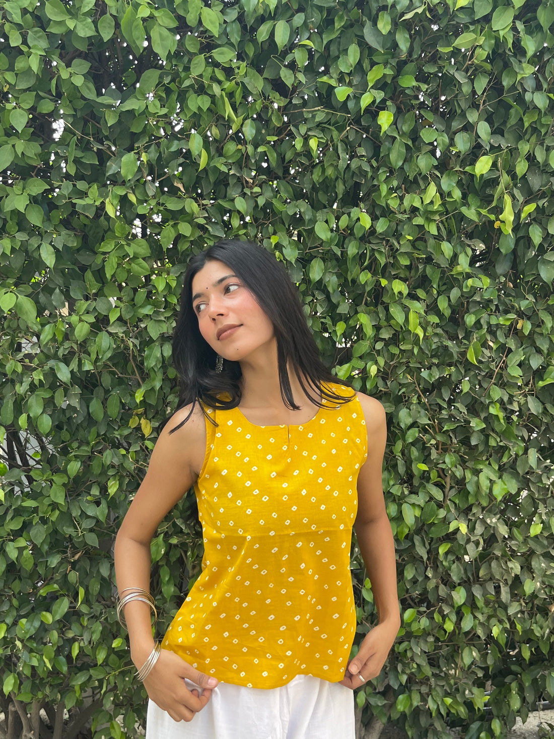 Yellow Bandhani Dot Print Sleeveless Cotton Crop Kurti Top for Women (Buy 1 Get 1 Free)