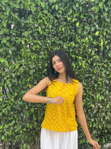 Yellow Bandhani Dot Print Sleeveless Cotton Crop Kurti Top for Women (Buy 1 Get 1 Free)