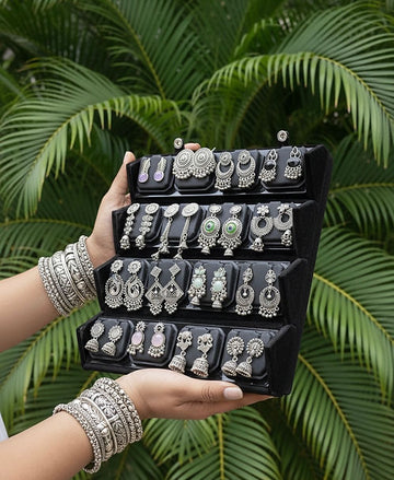 16 PC OXIDISED JHUMKA SET + FULL BLACK BOX