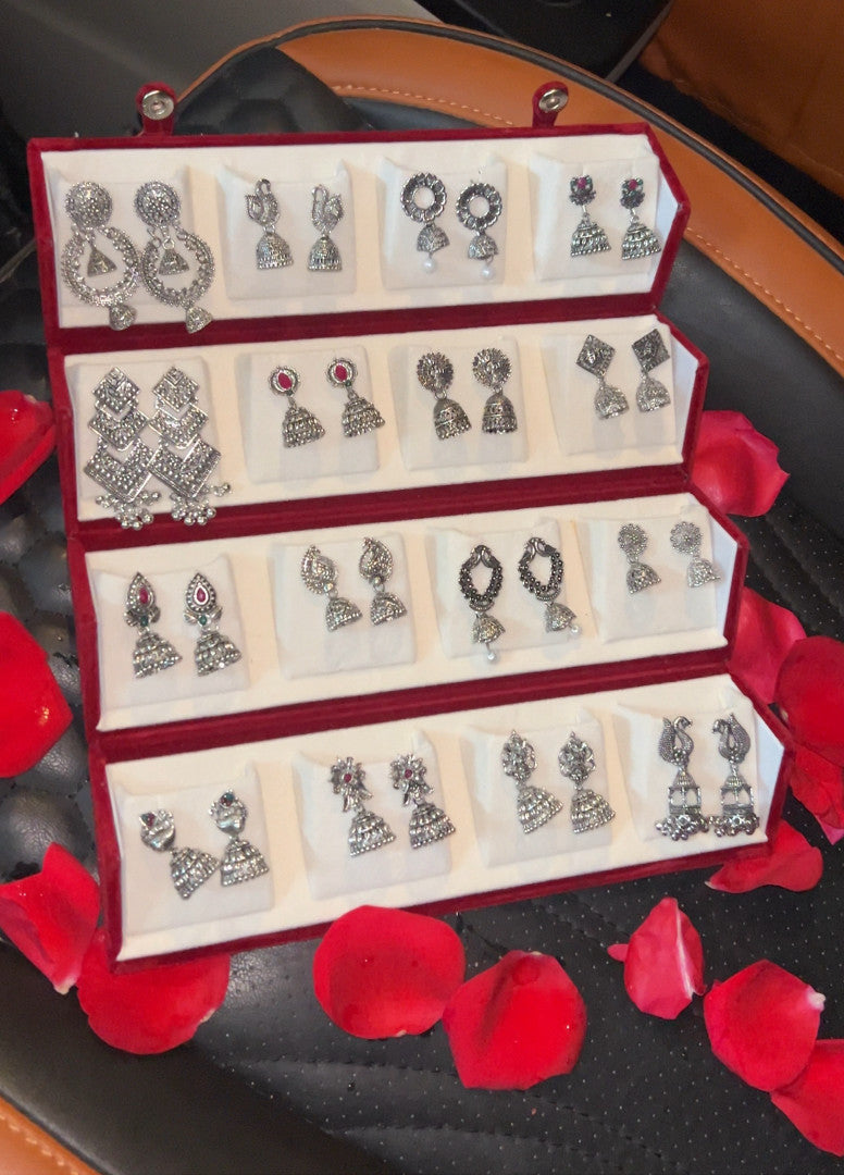 16 PC OXIDISED JHUMKAS + GOLD BOX