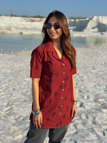 Laal Ajrakh Floral Handblock Cotton Shirt Kurti (Buy 1 Get 1 Free)