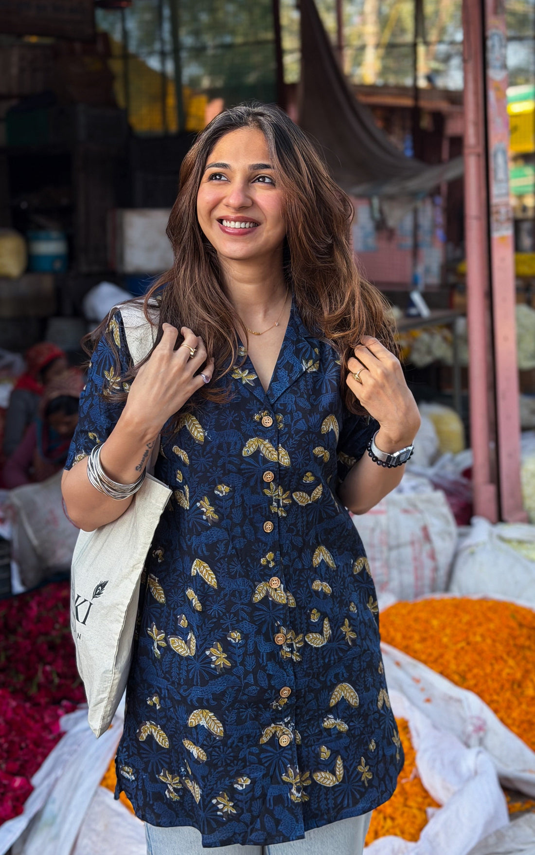 Navy Gold Floral Handblock Cotton Shirt Kurti (Buy 1 Get 1 Free)