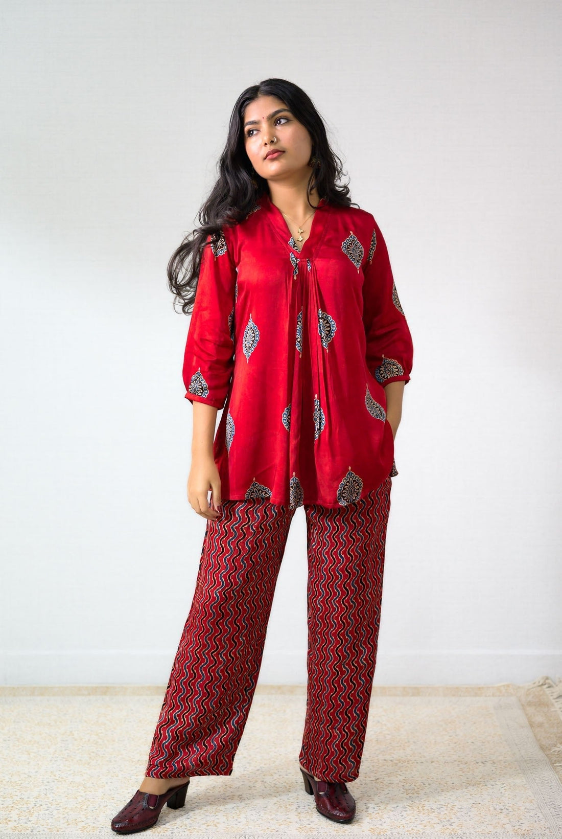Set of 2- Red Pihu Modal Ajrakh Short Top & Parallel Pants (Buy 1 Get 1 Free)
