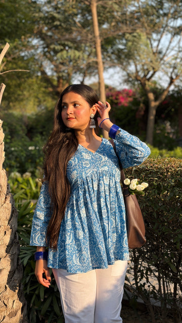 Blue Floral Cotton Peplum Top (Buy 1 Get 1 Free)