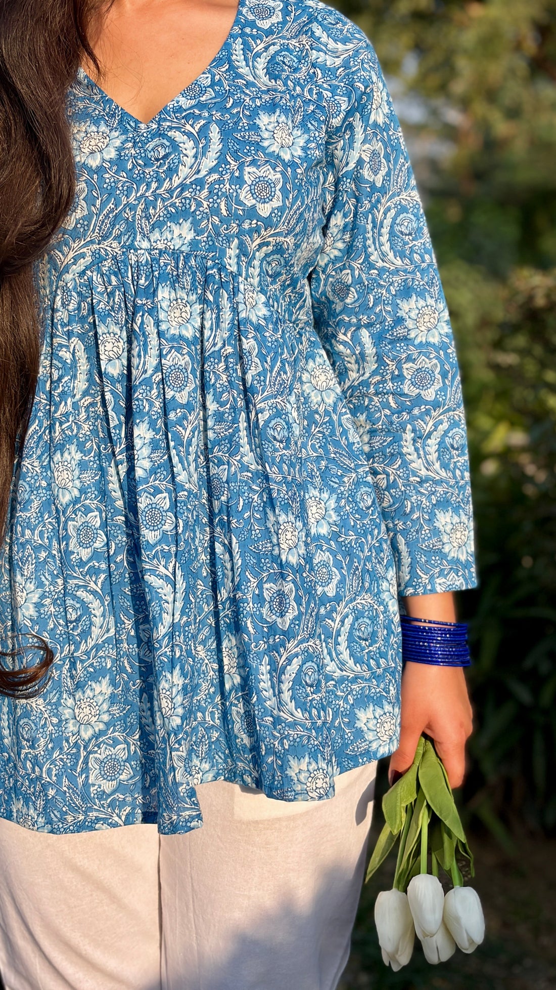 Blue Floral Cotton Peplum Top (Buy 1 Get 1 Free)
